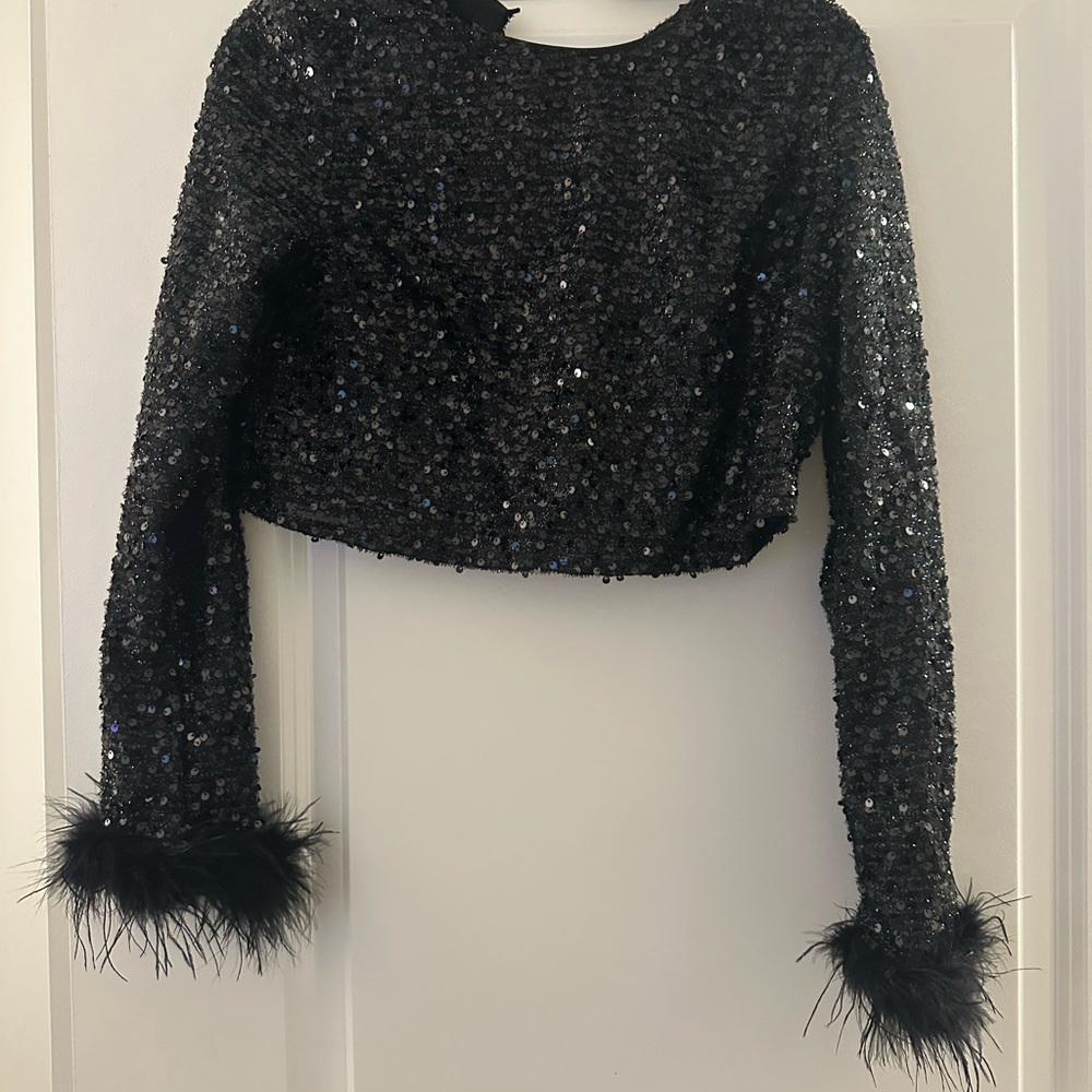 Lulu's Black Sequin Blouse with Feather Cuffs